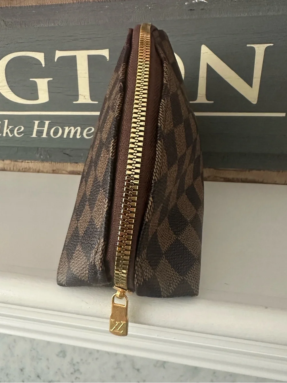 New Designer Inspired Brown Check Cosmetic Pouch Gold Tone Hardware